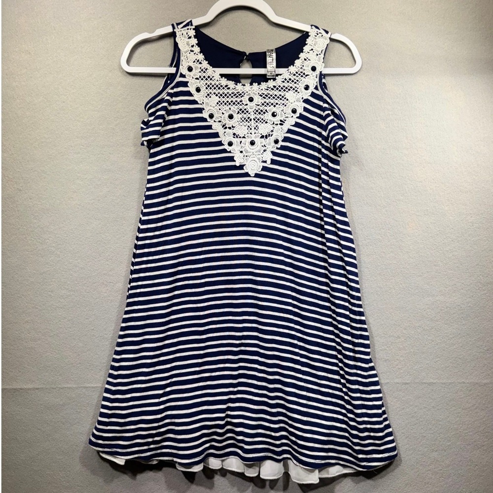 Beautees Girls Sz 16 Navy White Striped Cold Shoulder Crochet Lace Dress Studded